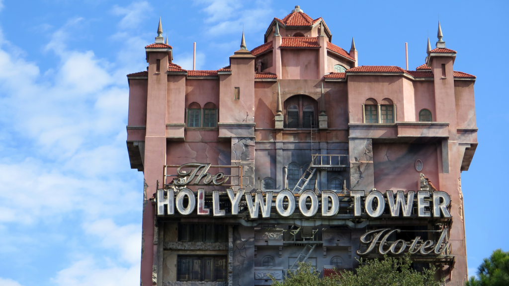shot of the Hollywood Tower attraction in front of a cloudy sky
